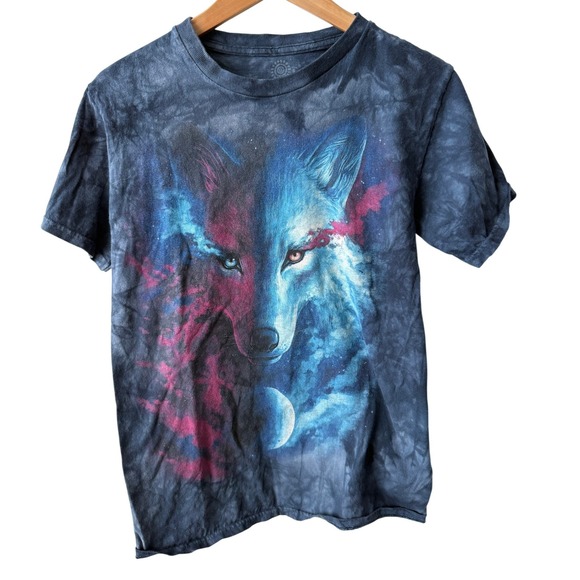 The Mountain Other - The Mountain Wolf Tie Dye Graphic T-Shirt Blue Pink Moon Mens Small S Cotton